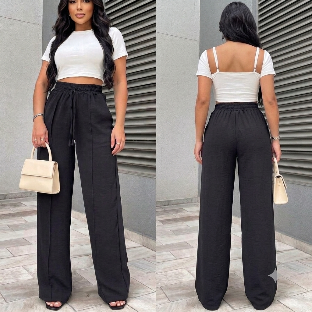 Calça Pantalona Feminina Duna Bolso Cintura Elástica